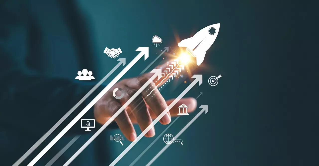 Graphic of a businessman pointing to a rocket taking off, representing sales growth. 